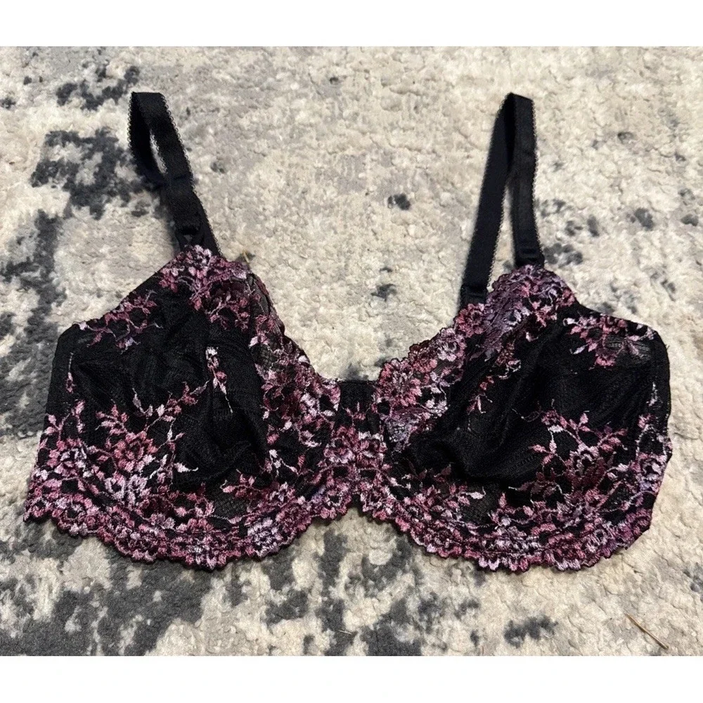 WACOAL ENBRACE LACE #65191 PINK & BLACK UNDERWIRE UNPADDED BRA SIZE 40D